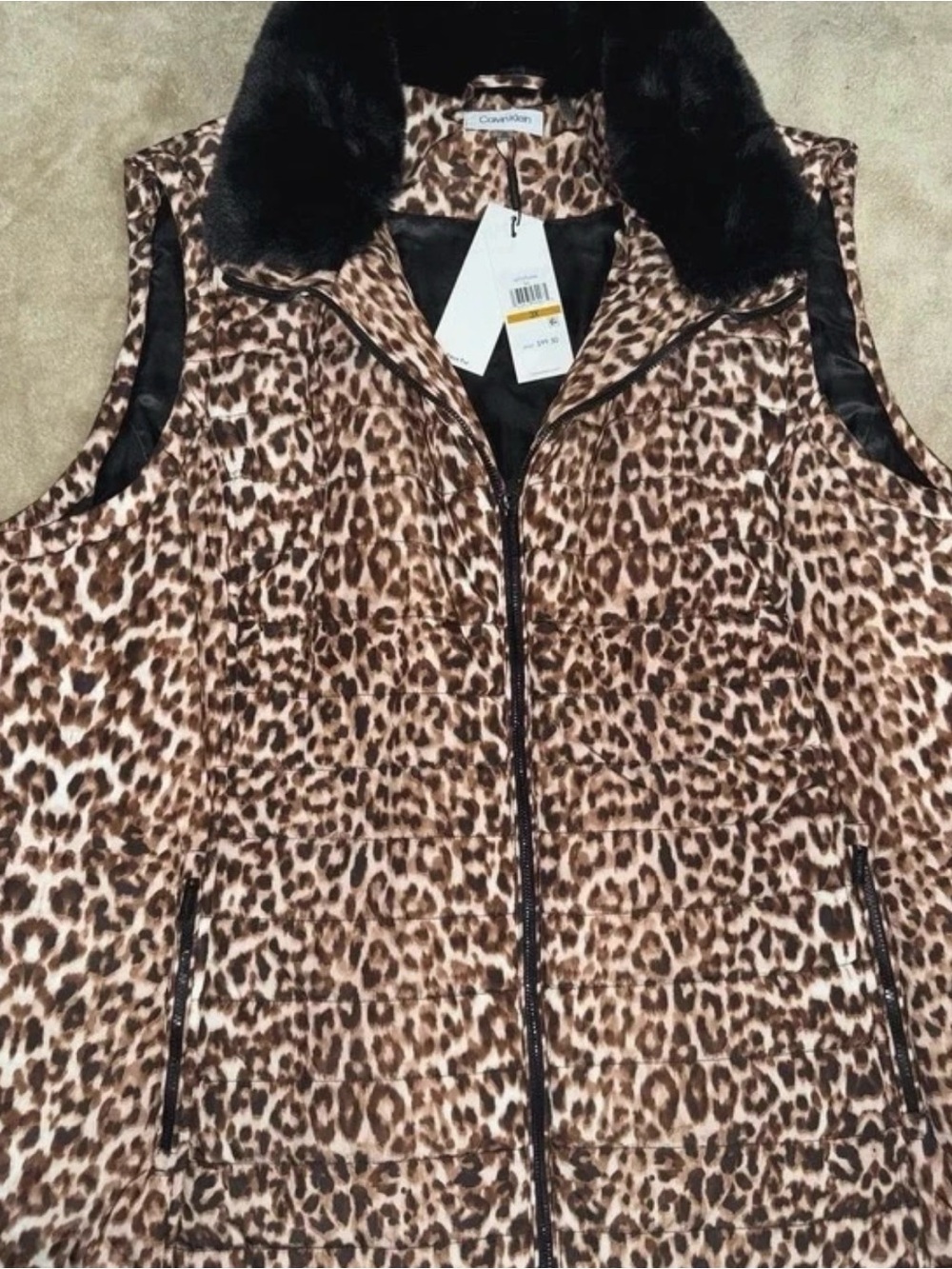 Calvin Klein Brown Leopard Print Vest with Black Faux Fur Collar